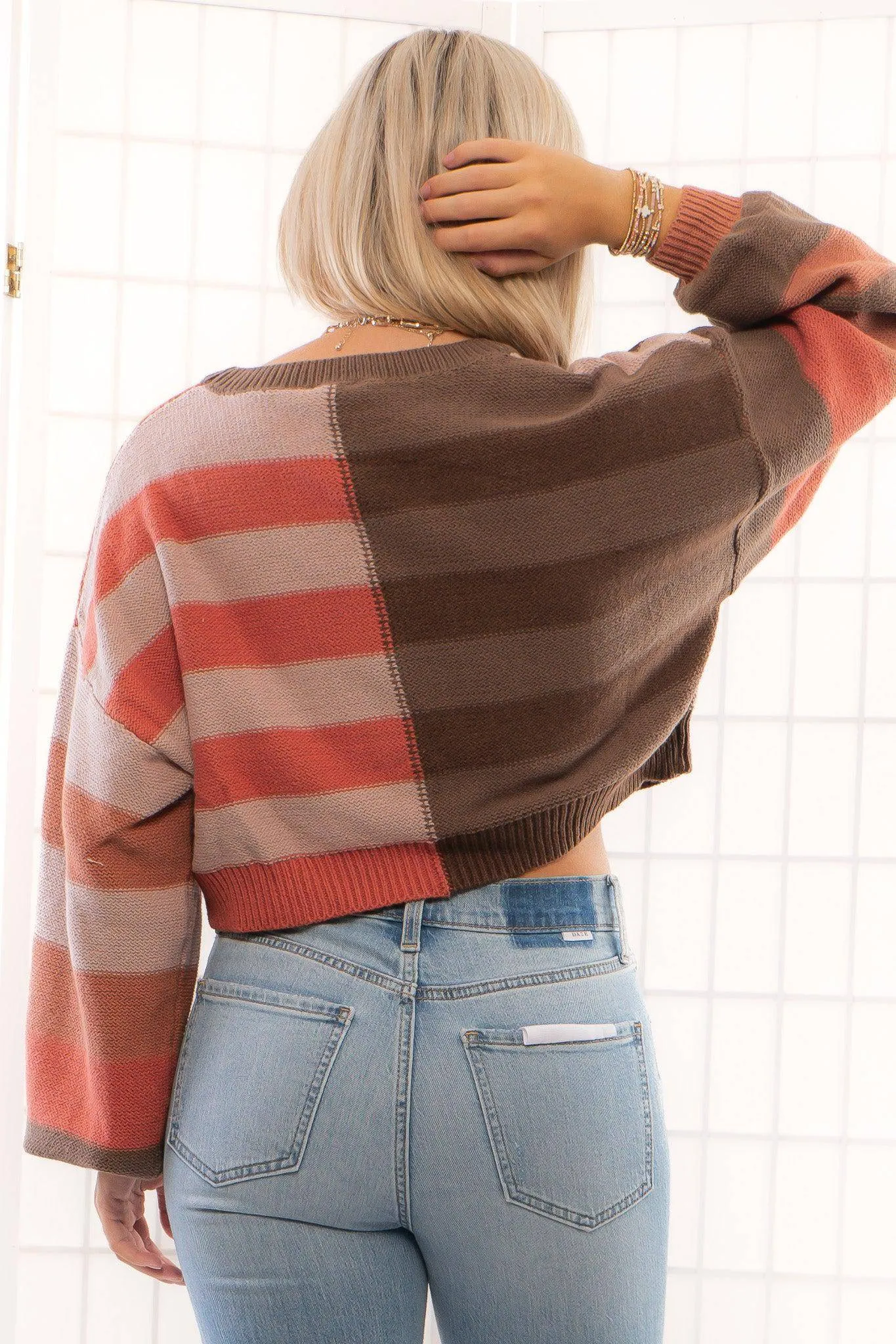 Terracotta Long Sleeve Color Block Striped Sweater