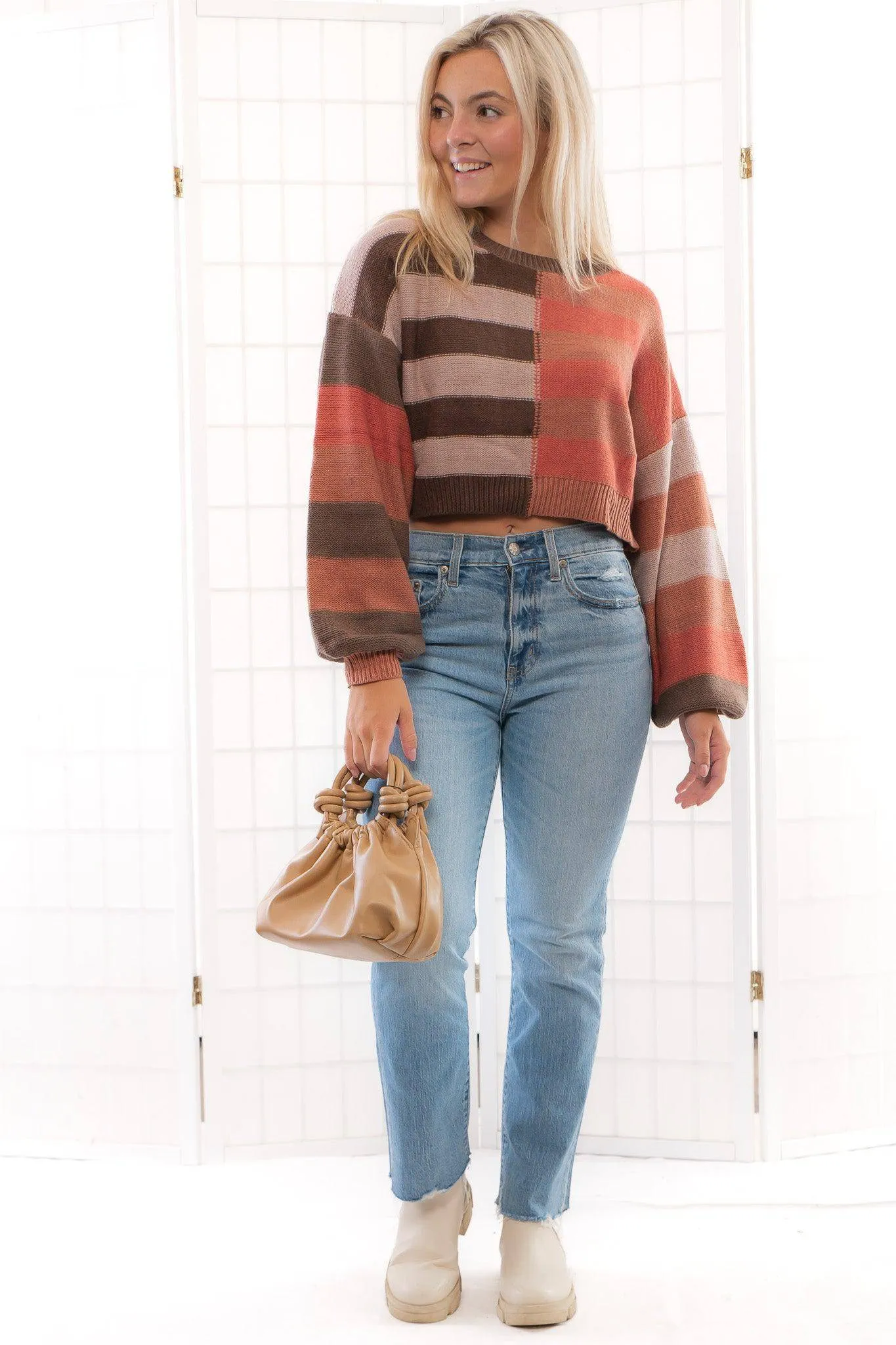 Terracotta Long Sleeve Color Block Striped Sweater