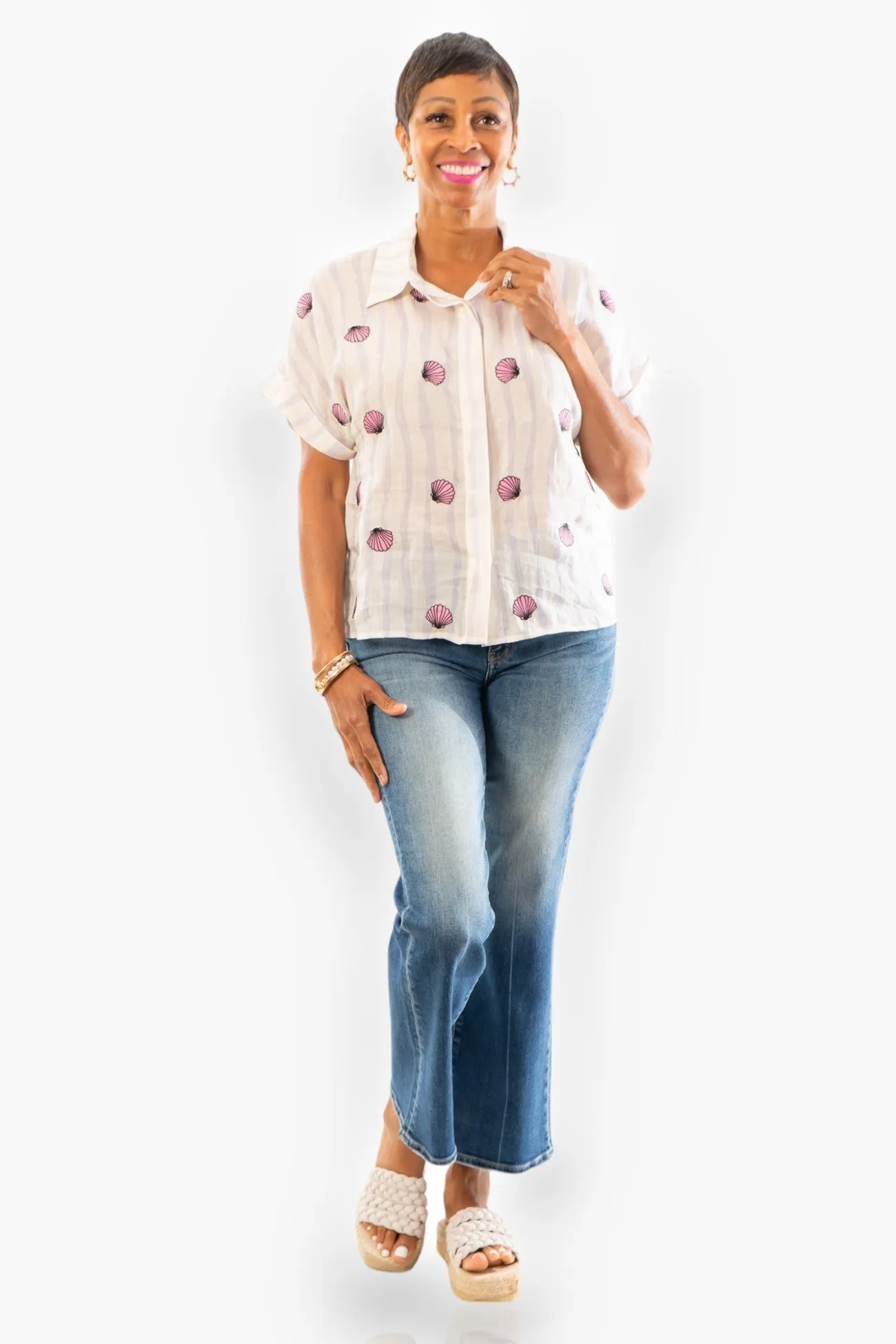 THML Striped Seashell Button Down Top