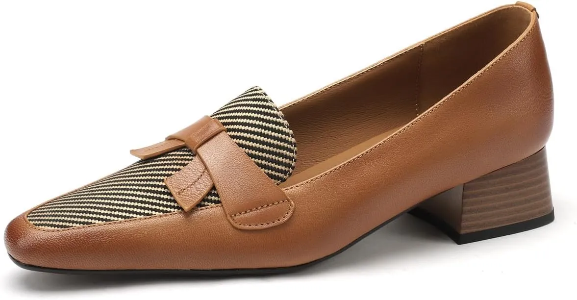 TinaCus Women's Round Toe Genuine Leather & Stripe Fabric Handmade Bowknot Low Chunky Heels Loafers Shoes