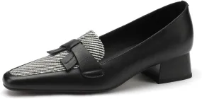 TinaCus Women's Round Toe Genuine Leather & Stripe Fabric Handmade Bowknot Low Chunky Heels Loafers Shoes