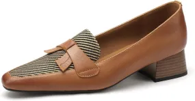 TinaCus Women's Round Toe Genuine Leather & Stripe Fabric Handmade Bowknot Low Chunky Heels Loafers Shoes