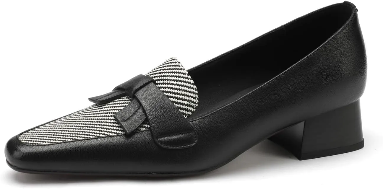 TinaCus Women's Round Toe Genuine Leather & Stripe Fabric Handmade Bowknot Low Chunky Heels Loafers Shoes