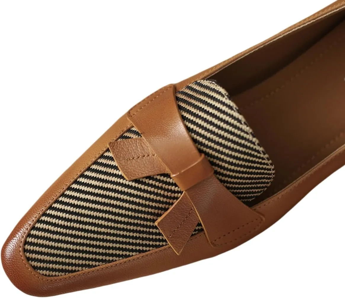 TinaCus Women's Round Toe Genuine Leather & Stripe Fabric Handmade Bowknot Low Chunky Heels Loafers Shoes