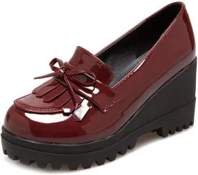 VOKLIN Women's Platform Wedge Tassel Oxford Pumps Slip On Patent Leather Chunky High Heel Fringed Dress Shoes