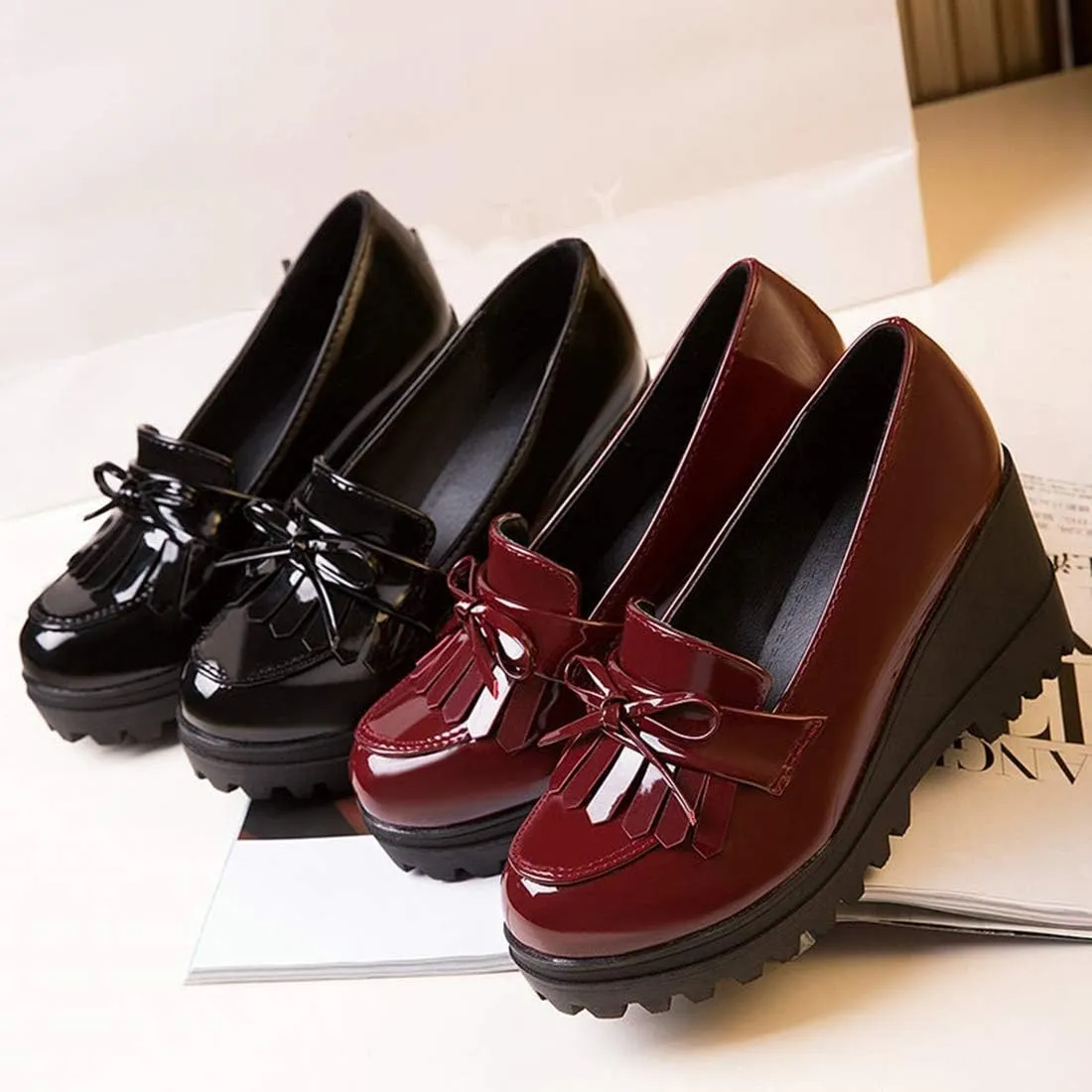 VOKLIN Women's Platform Wedge Tassel Oxford Pumps Slip On Patent Leather Chunky High Heel Fringed Dress Shoes