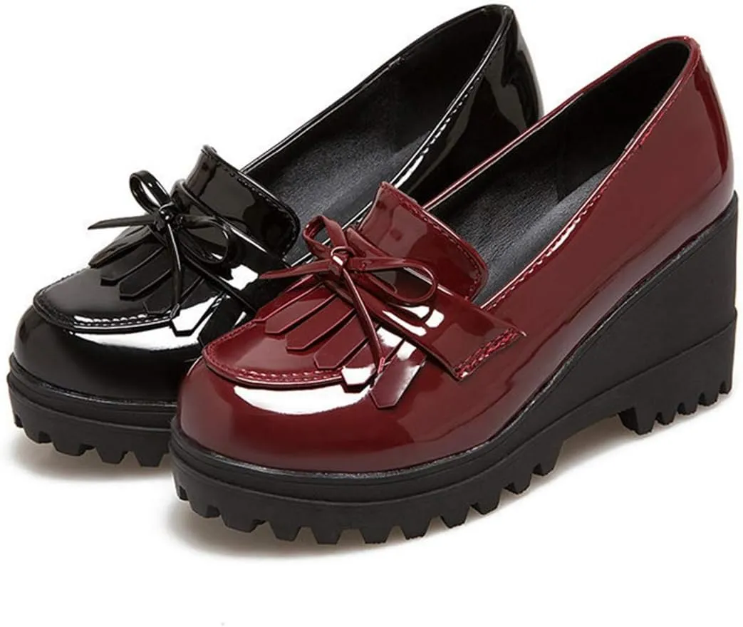 VOKLIN Women's Platform Wedge Tassel Oxford Pumps Slip On Patent Leather Chunky High Heel Fringed Dress Shoes