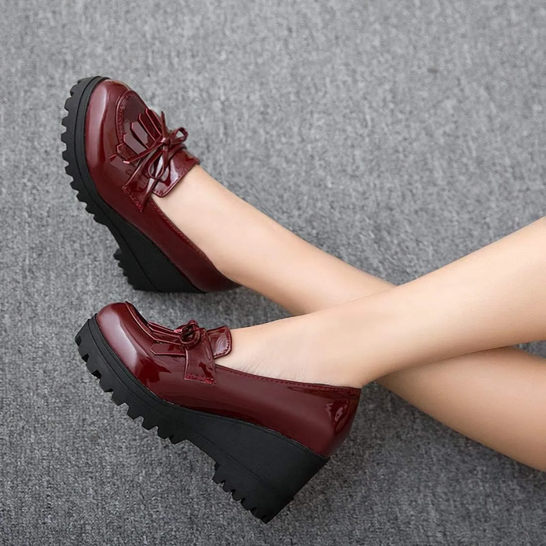VOKLIN Women's Platform Wedge Tassel Oxford Pumps Slip On Patent Leather Chunky High Heel Fringed Dress Shoes