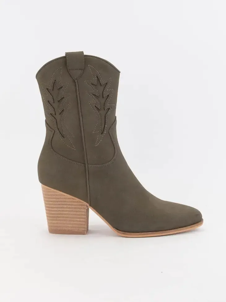 Western Cowboy Cutout Bootie - Olive