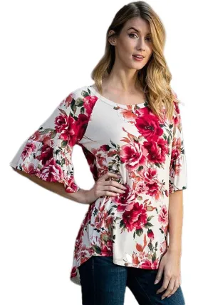 White Big Floral Print Ruffle Sleeve Top