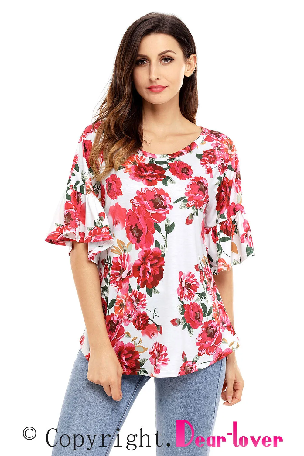 White Big Floral Print Ruffle Sleeve Top