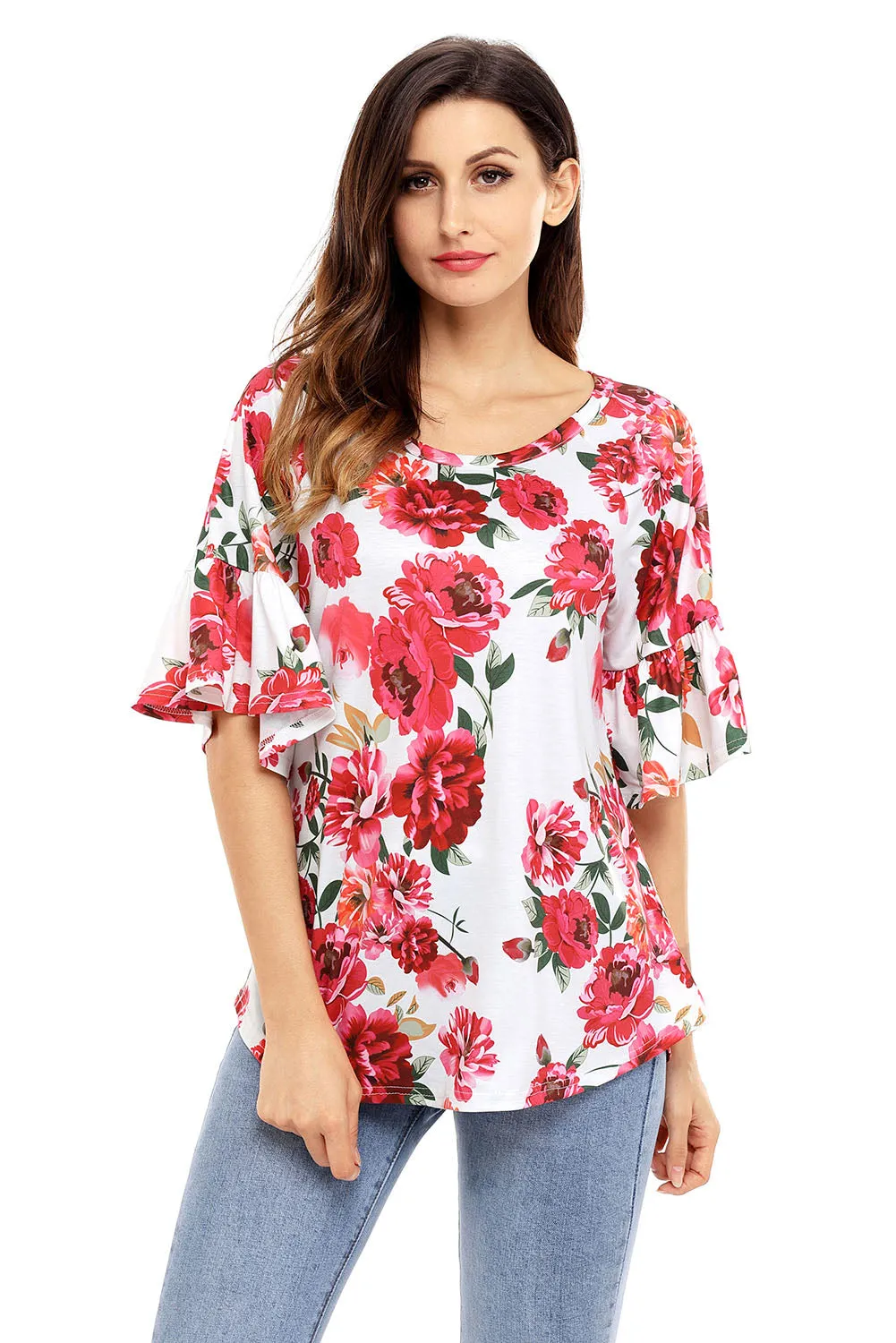 White Big Floral Print Ruffle Sleeve Top