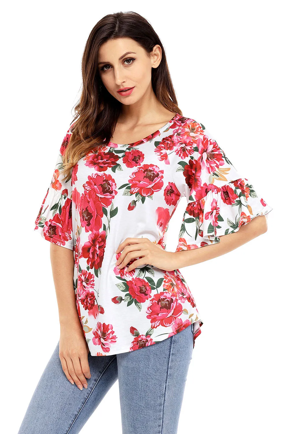White Big Floral Print Ruffle Sleeve Top