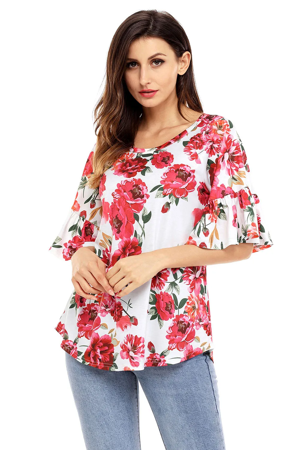 White Big Floral Print Ruffle Sleeve Top