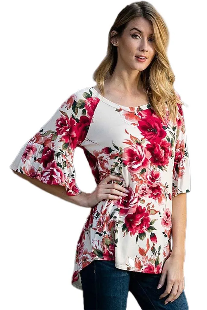 White Big Floral Print Ruffle Sleeve Top
