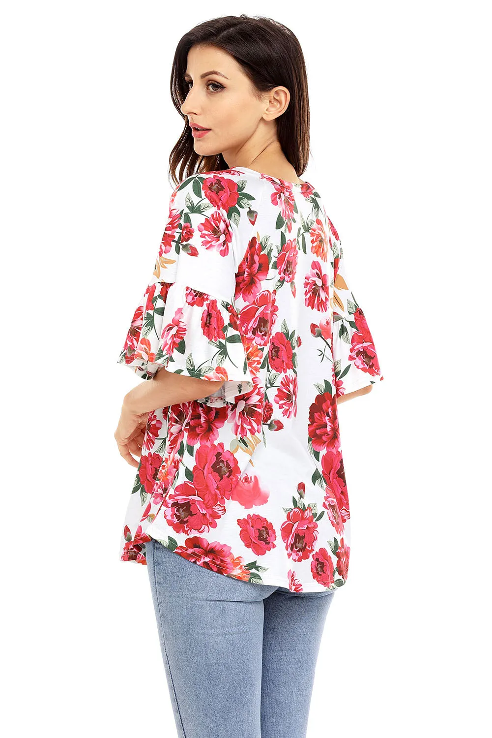 White Big Floral Print Ruffle Sleeve Top