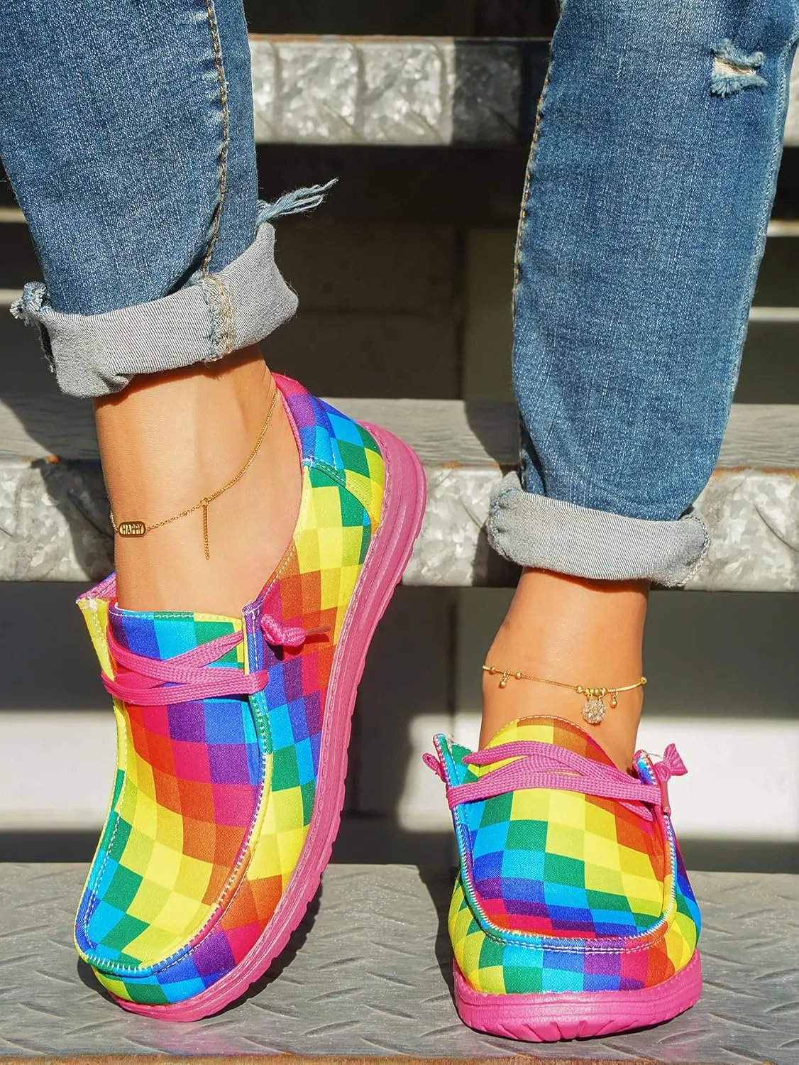 Women's Colorful Mosaic Slip-on Canvas Loafers, Low Top Rainbow Plaid Sneakers Drving Shoes Tennis Walking Shoes Boat Shoes Deck Shoes Non-Slip All-Day Flats