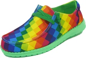 Women's Colorful Mosaic Slip-on Canvas Loafers, Low Top Rainbow Plaid Sneakers Drving Shoes Tennis Walking Shoes Boat Shoes Deck Shoes Non-Slip All-Day Flats
