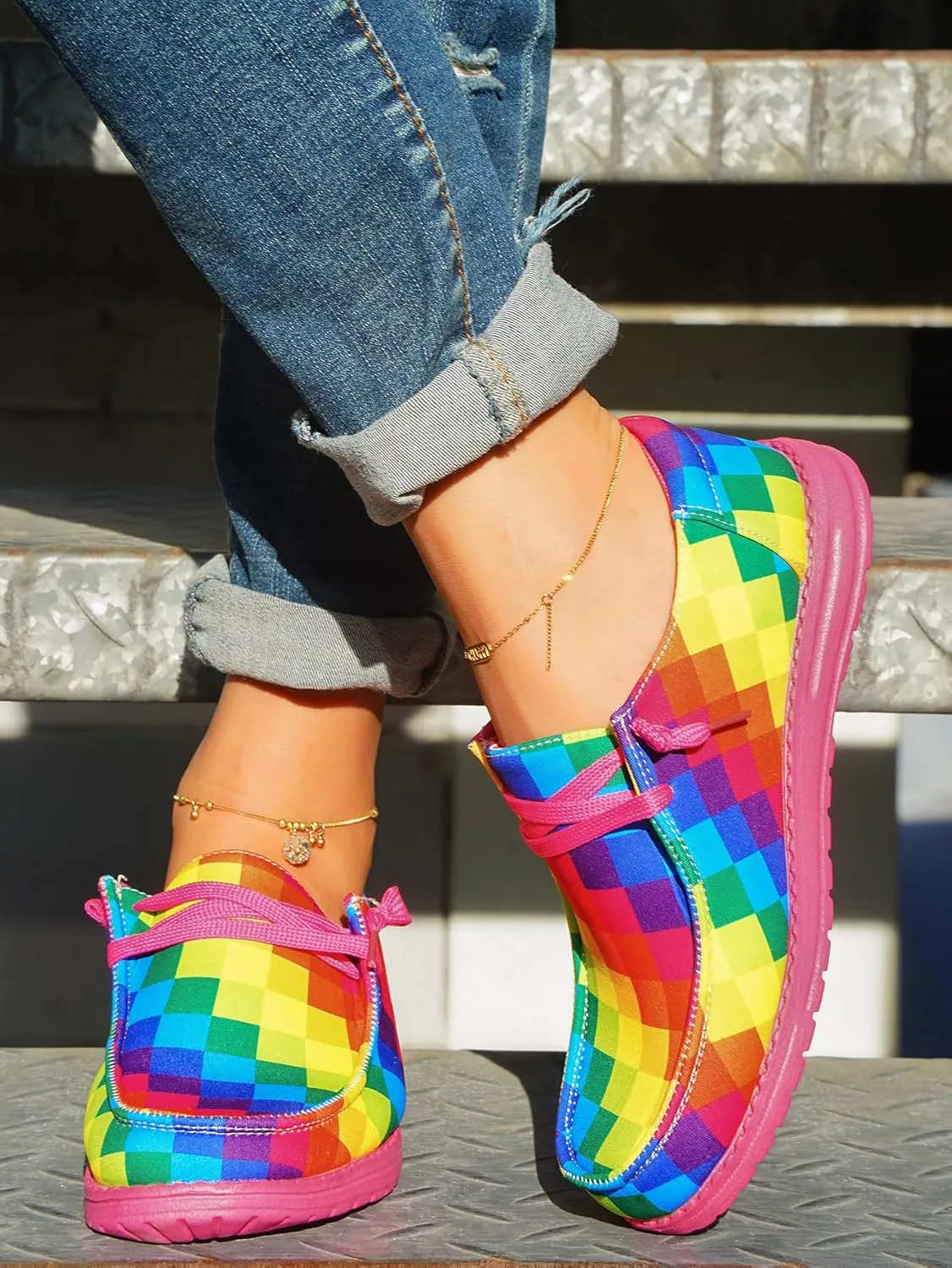Women's Colorful Mosaic Slip-on Canvas Loafers, Low Top Rainbow Plaid Sneakers Drving Shoes Tennis Walking Shoes Boat Shoes Deck Shoes Non-Slip All-Day Flats