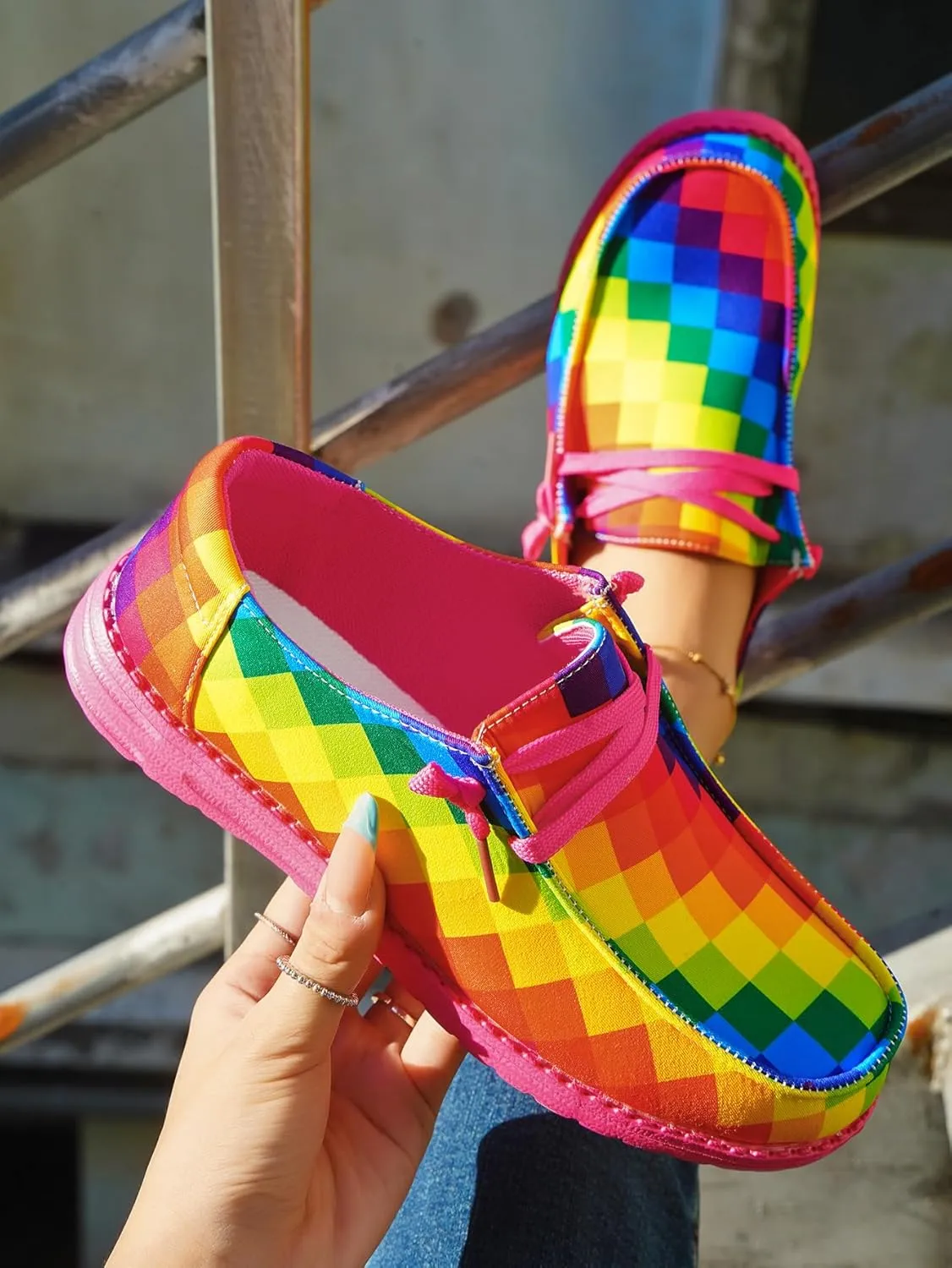 Women's Colorful Mosaic Slip-on Canvas Loafers, Low Top Rainbow Plaid Sneakers Drving Shoes Tennis Walking Shoes Boat Shoes Deck Shoes Non-Slip All-Day Flats