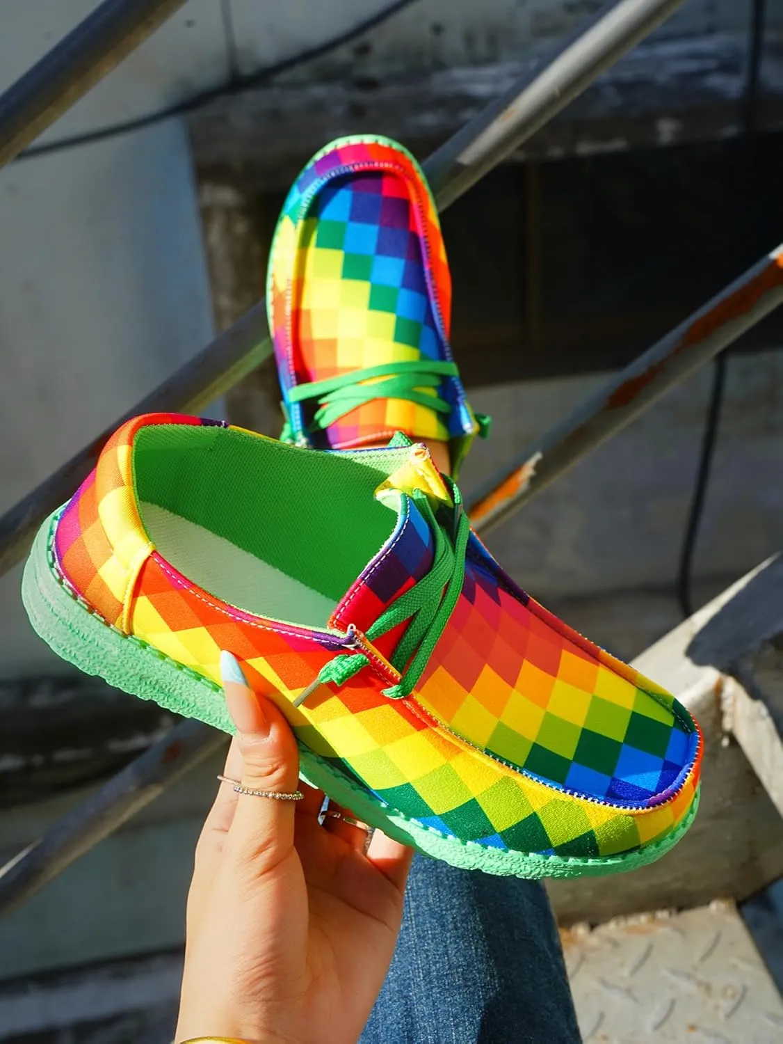 Women's Colorful Mosaic Slip-on Canvas Loafers, Low Top Rainbow Plaid Sneakers Drving Shoes Tennis Walking Shoes Boat Shoes Deck Shoes Non-Slip All-Day Flats