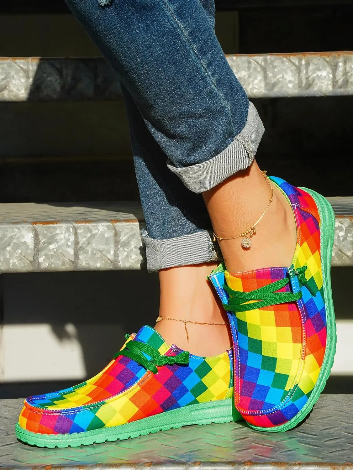 Women's Colorful Mosaic Slip-on Canvas Loafers, Low Top Rainbow Plaid Sneakers Drving Shoes Tennis Walking Shoes Boat Shoes Deck Shoes Non-Slip All-Day Flats