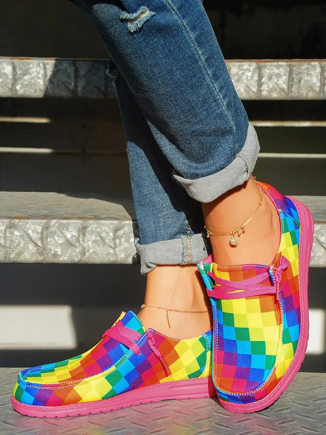 Women's Colorful Mosaic Slip-on Canvas Loafers, Low Top Rainbow Plaid Sneakers Drving Shoes Tennis Walking Shoes Boat Shoes Deck Shoes Non-Slip All-Day Flats