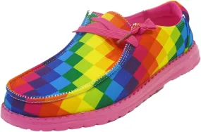 Women's Colorful Mosaic Slip-on Canvas Loafers, Low Top Rainbow Plaid Sneakers Drving Shoes Tennis Walking Shoes Boat Shoes Deck Shoes Non-Slip All-Day Flats