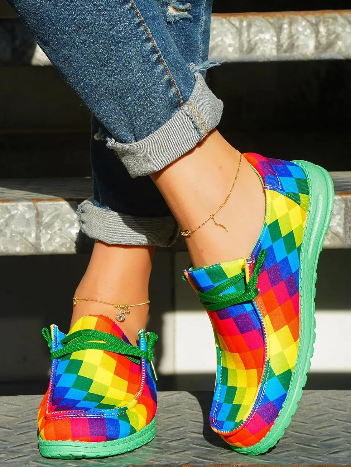 Women's Colorful Mosaic Slip-on Canvas Loafers, Low Top Rainbow Plaid Sneakers Drving Shoes Tennis Walking Shoes Boat Shoes Deck Shoes Non-Slip All-Day Flats