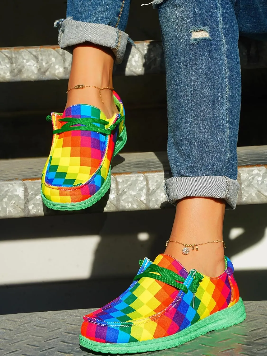 Women's Colorful Mosaic Slip-on Canvas Loafers, Low Top Rainbow Plaid Sneakers Drving Shoes Tennis Walking Shoes Boat Shoes Deck Shoes Non-Slip All-Day Flats