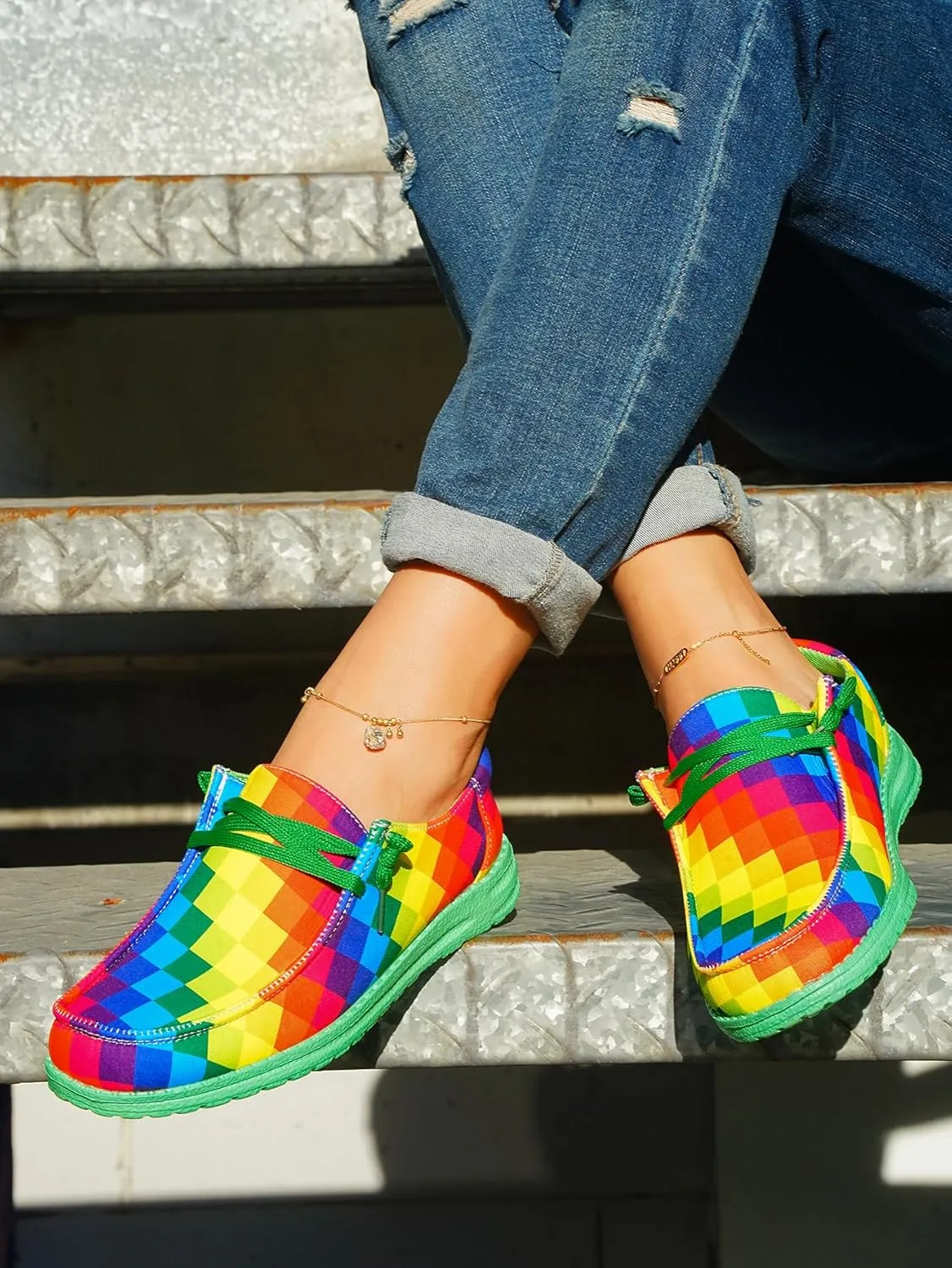 Women's Colorful Mosaic Slip-on Canvas Loafers, Low Top Rainbow Plaid Sneakers Drving Shoes Tennis Walking Shoes Boat Shoes Deck Shoes Non-Slip All-Day Flats