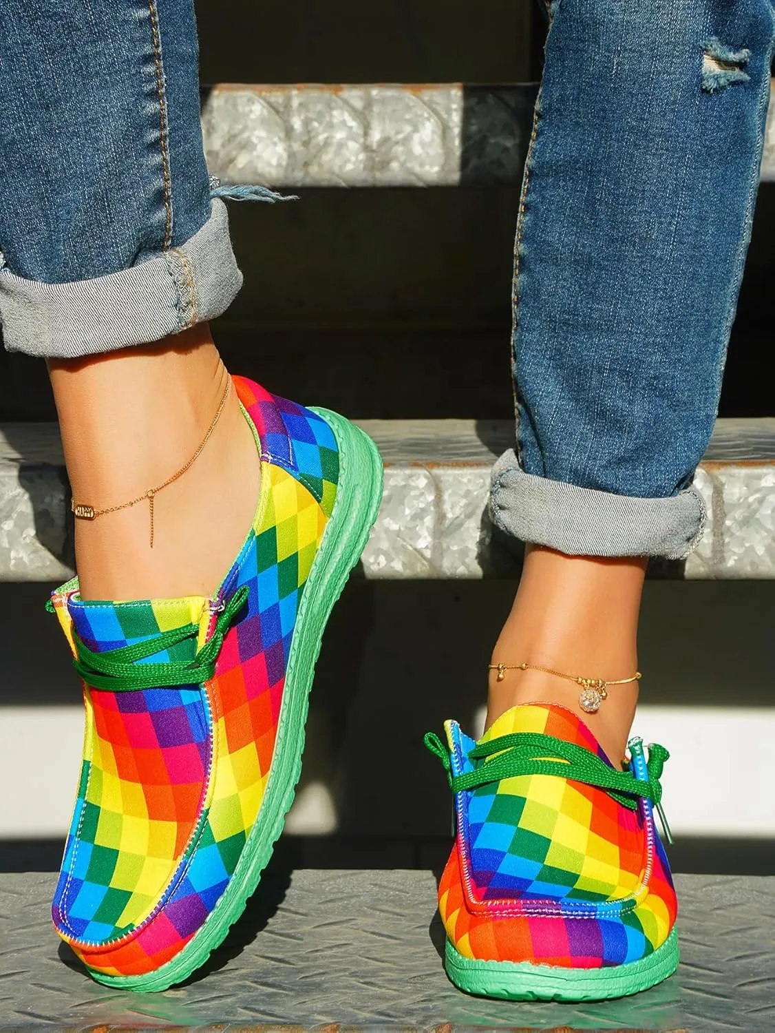 Women's Colorful Mosaic Slip-on Canvas Loafers, Low Top Rainbow Plaid Sneakers Drving Shoes Tennis Walking Shoes Boat Shoes Deck Shoes Non-Slip All-Day Flats