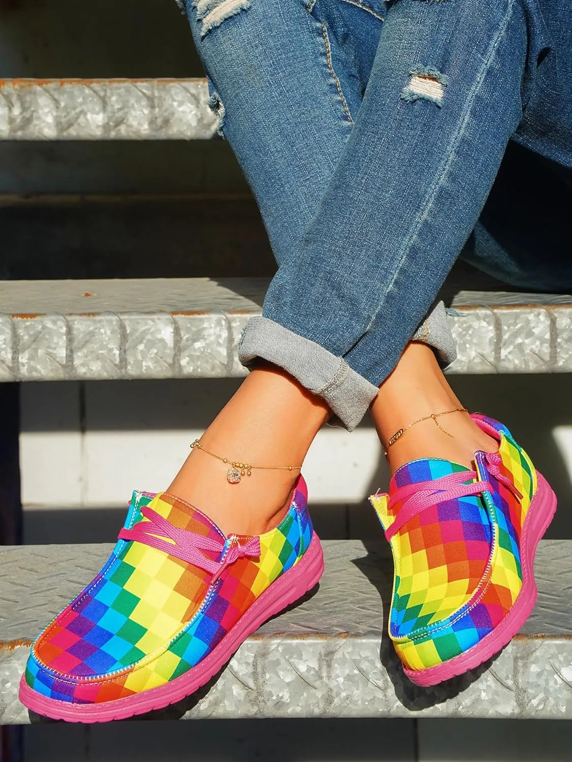 Women's Colorful Mosaic Slip-on Canvas Loafers, Low Top Rainbow Plaid Sneakers Drving Shoes Tennis Walking Shoes Boat Shoes Deck Shoes Non-Slip All-Day Flats