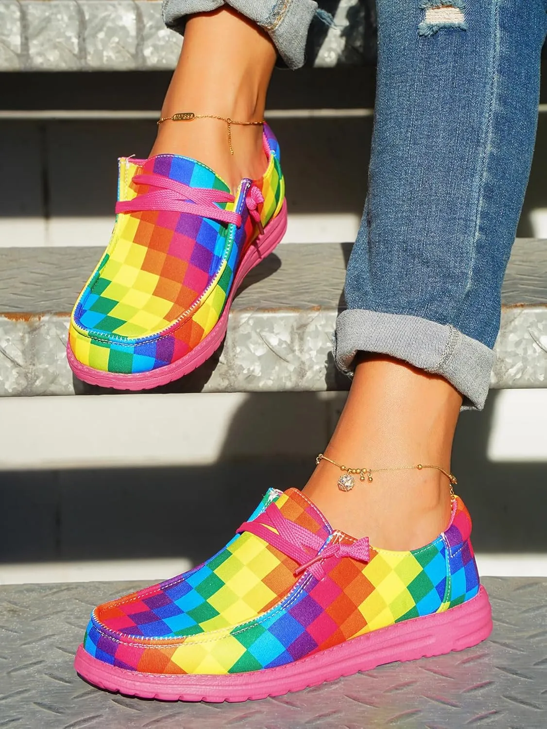 Women's Colorful Mosaic Slip-on Canvas Loafers, Low Top Rainbow Plaid Sneakers Drving Shoes Tennis Walking Shoes Boat Shoes Deck Shoes Non-Slip All-Day Flats
