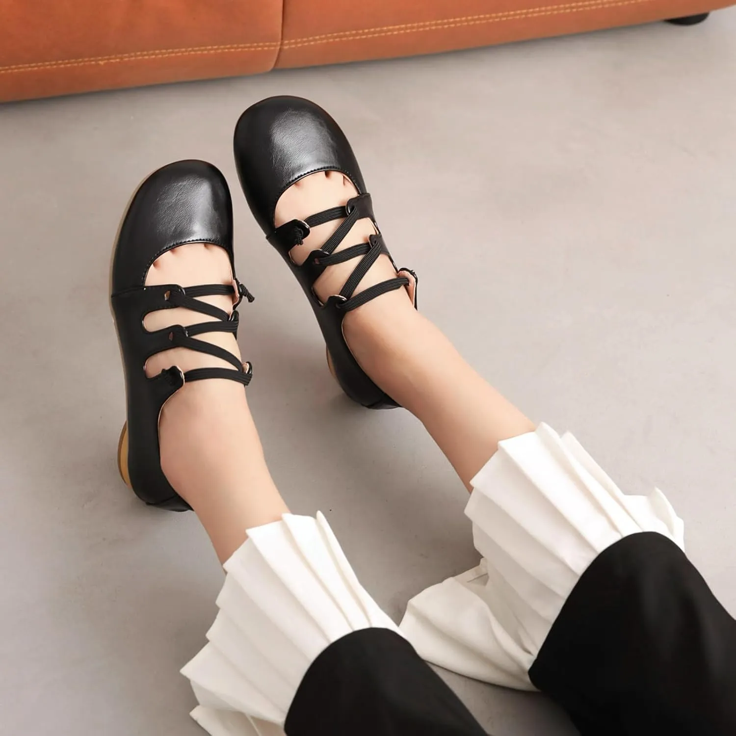 Women's Round Closed Toe Pumps Elastic Strap Loafers Comfortable Chunky Low Heels Office Concise Cosplay Work Casual Mary Jane Daily Wear Fashion Business Dress Ballet Shoes