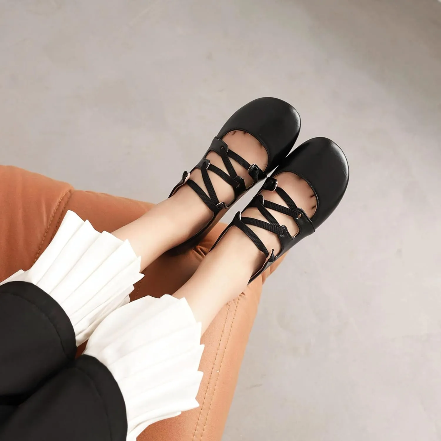 Women's Round Closed Toe Pumps Elastic Strap Loafers Comfortable Chunky Low Heels Office Concise Cosplay Work Casual Mary Jane Daily Wear Fashion Business Dress Ballet Shoes